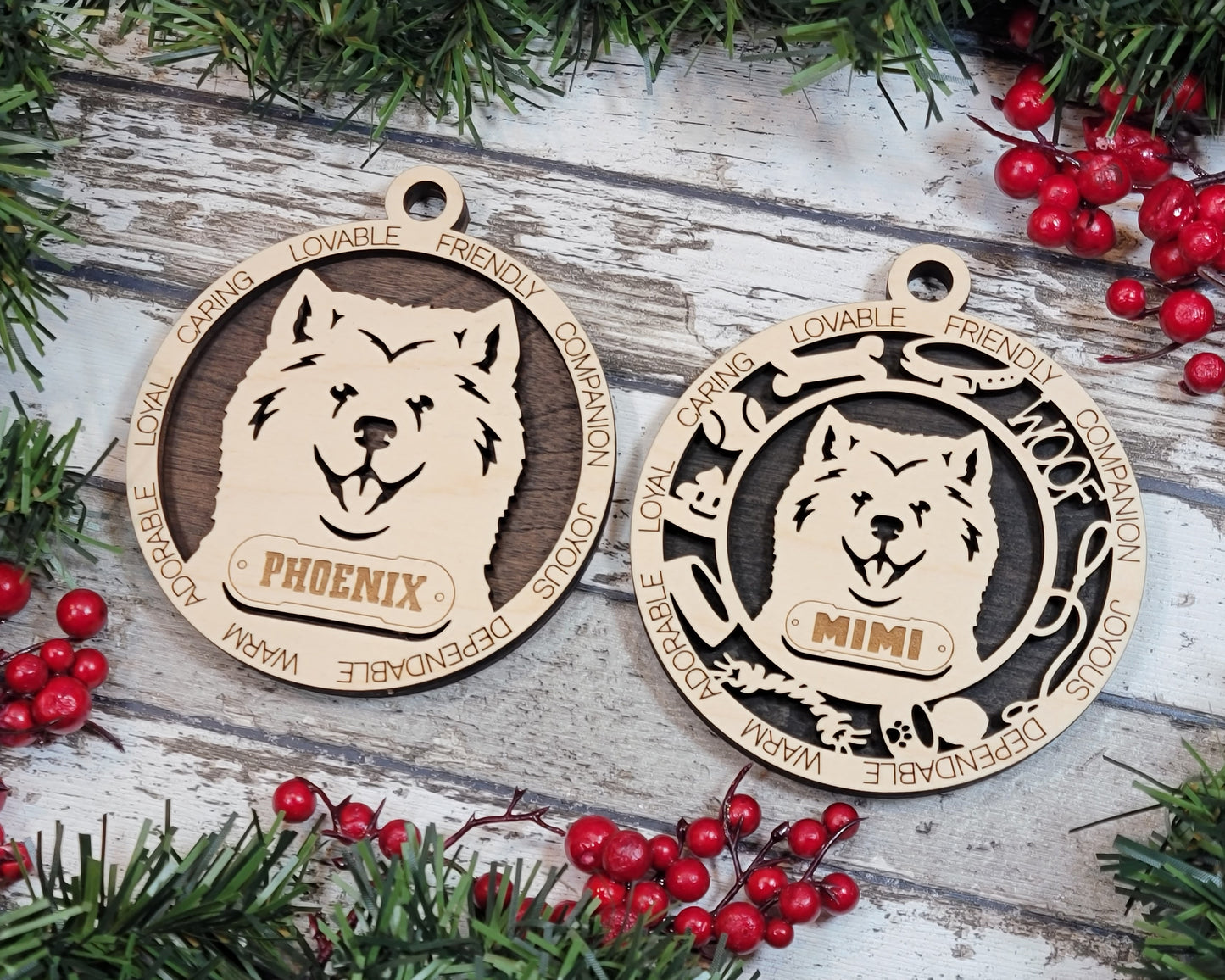 Personalized Samoyed Dog Christmas Ornament - 3" Round, 2-Layer Laser Cut Wood - Customizable Name Tag & Text Border - Handcrafted in USA - Choose Painted Backgrounds or Prints - Perfect Gift!