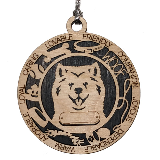 Personalized Samoyed Dog Christmas Ornament - 3" Round, 2-Layer Laser Cut Wood - Customizable Name Tag & Text Border - Handcrafted in USA - Choose Painted Backgrounds or Prints - Perfect Gift!