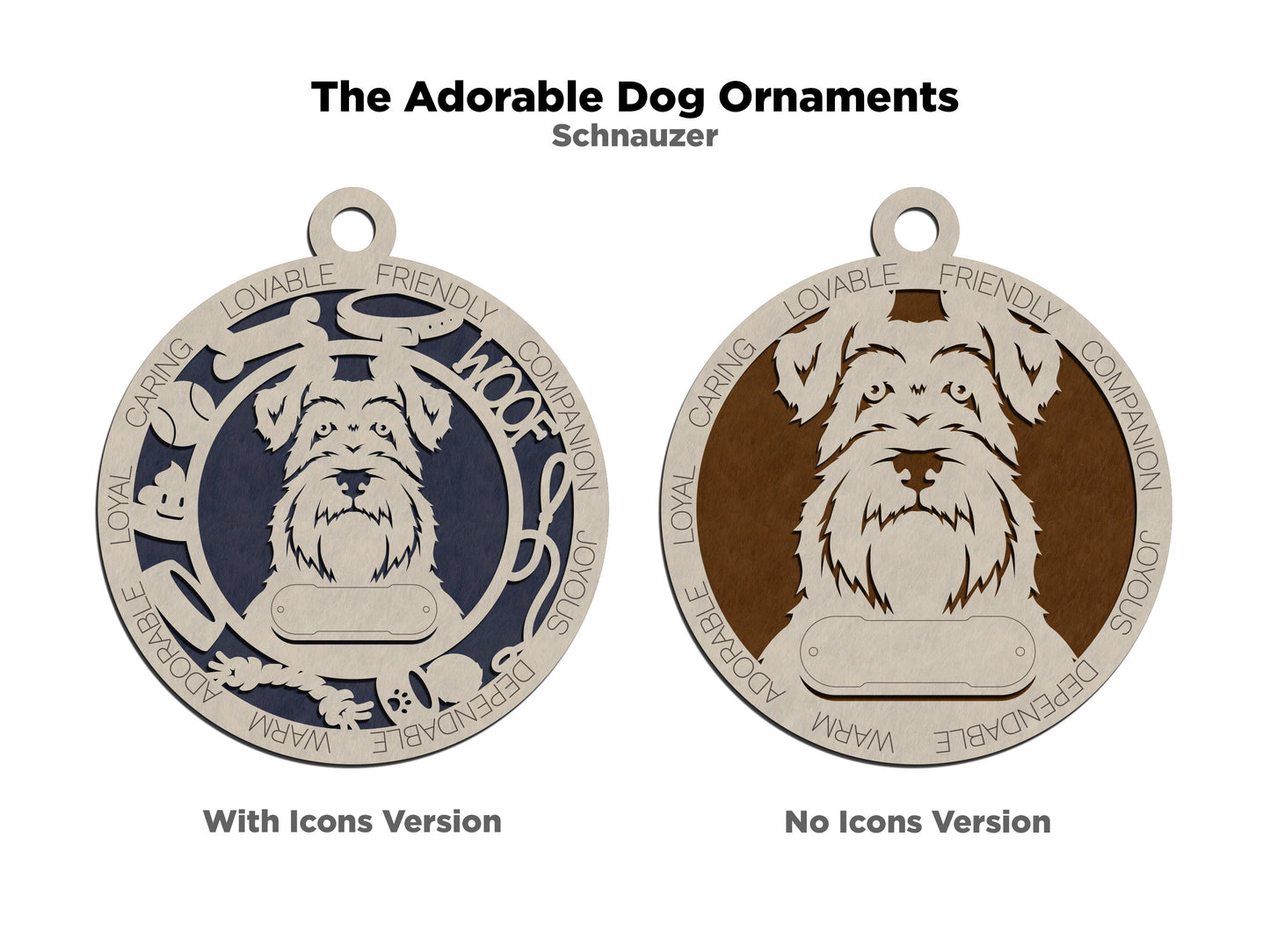 Personalized 3" Round Wooden Schnauzer Dog Christmas Ornament, 2-Layer Laser Cut Design, Customizable Name Tag & Text, Handcrafted in USA, Choose Background Color or Print, Perfect Holiday Gift