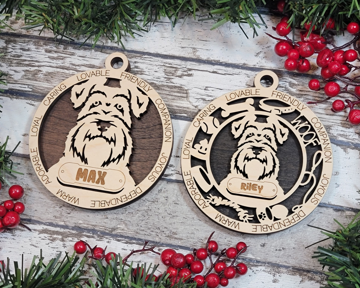 Personalized 3" Round Wooden Schnauzer Dog Christmas Ornament, 2-Layer Laser Cut Design, Customizable Name Tag & Text, Handcrafted in USA, Choose Background Color or Print, Perfect Holiday Gift