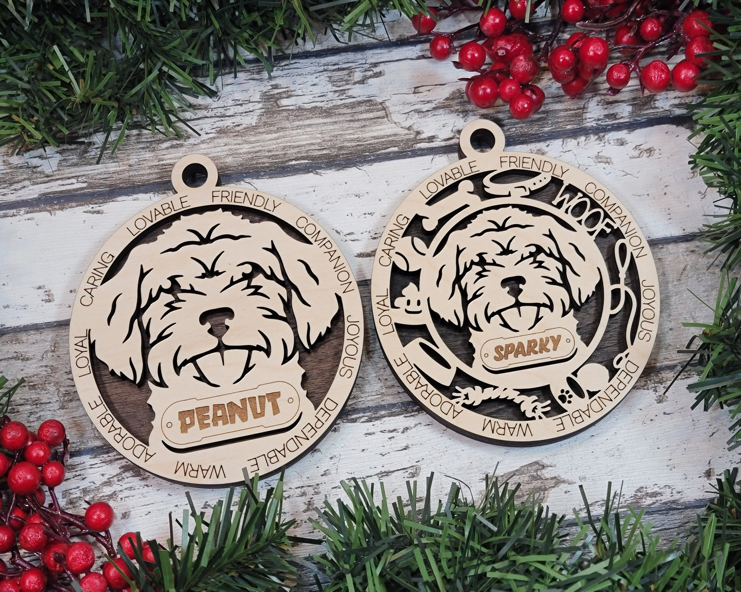 Personalized 3" Wooden Dog Christmas Ornament - Schnauzer Doodle Design - Customizable Name & Text - Handcrafted in USA - 2 Layer Laser Cut - Choose Background Color - Perfect Holiday Gift!