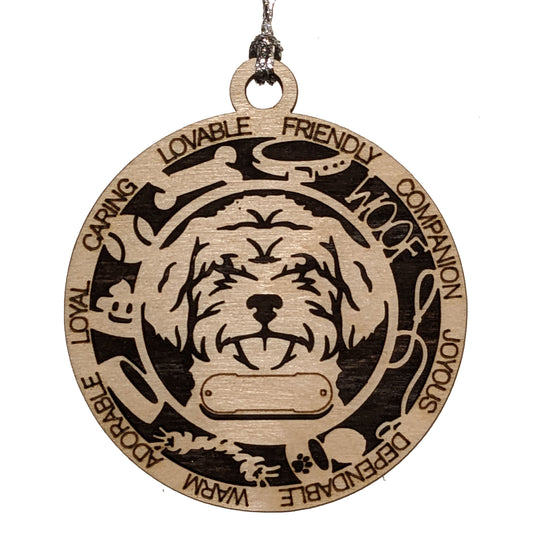 Personalized 3" Wooden Dog Christmas Ornament - Schnauzer Doodle Design - Customizable Name & Text - Handcrafted in USA - 2 Layer Laser Cut - Choose Background Color - Perfect Holiday Gift!