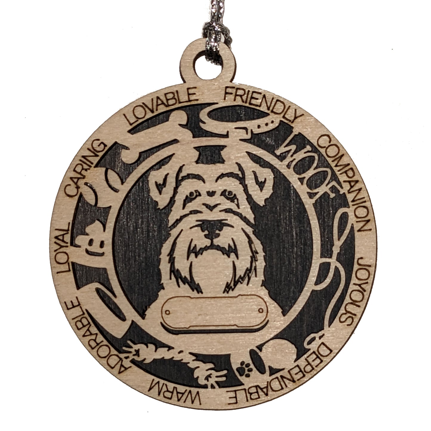 Personalized 3" Round Wooden Schnauzer Dog Christmas Ornament, 2-Layer Laser Cut Design, Customizable Name Tag & Text, Handcrafted in USA, Choose Background Color or Print, Perfect Holiday Gift