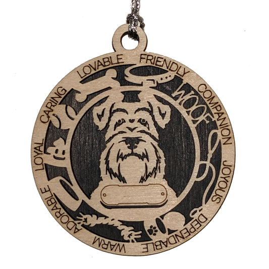 Personalized 3" Round Wooden Schnauzer Dog Christmas Ornament, 2-Layer Laser Cut Design, Customizable Name Tag & Text, Handcrafted in USA, Choose Background Color or Print, Perfect Holiday Gift