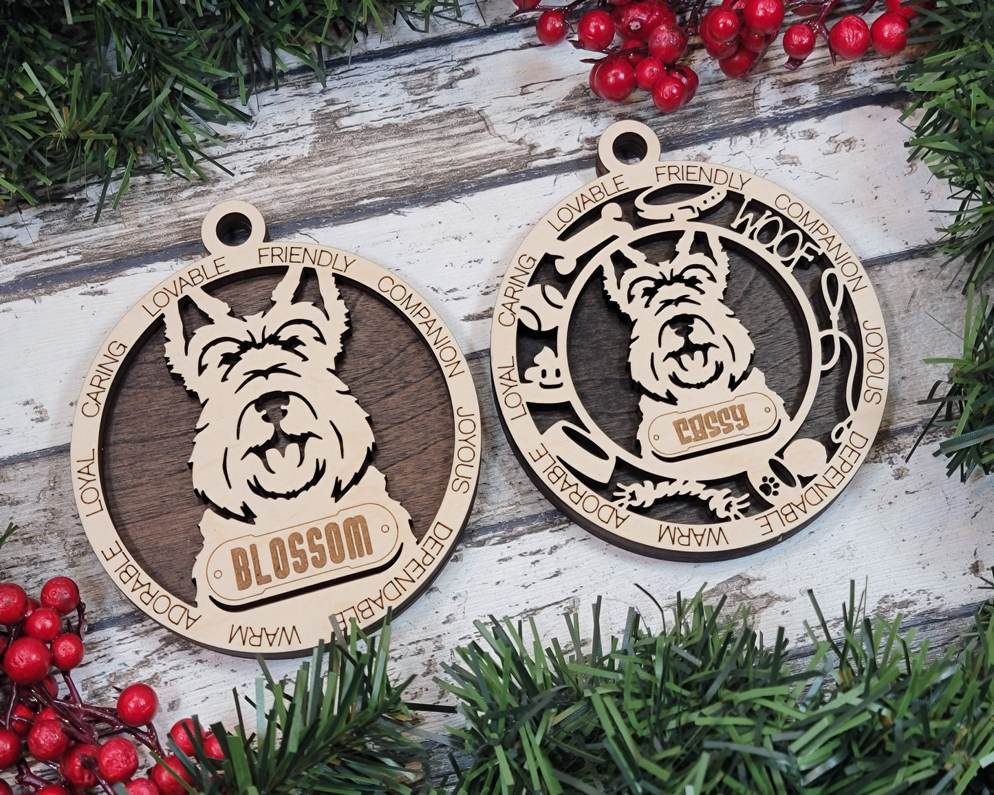 Personalized Scottish Terrier Dog Christmas Ornament, 3" Round, 2-Layer Laser Cut Wood, Customizable Name Tag & Text, Handcrafted in USA, Choose Background Color/Print, Perfect Holiday Gift!