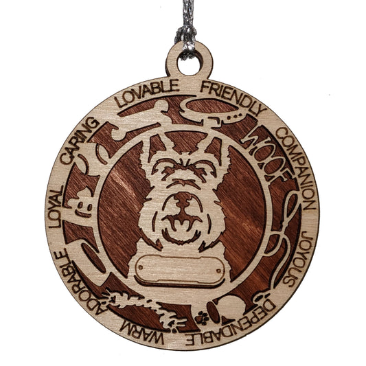 Personalized Scottish Terrier Dog Christmas Ornament, 3" Round, 2-Layer Laser Cut Wood, Customizable Name Tag & Text, Handcrafted in USA, Choose Background Color/Print, Perfect Holiday Gift!