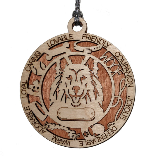 Personalized Shetland Sheepdog Christmas Ornament - 3" Round, 2-Layer Laser Cut Wood - Custom Dog Name & Text - Handcrafted in USA - Choose Background Color/Print - Perfect Holiday Gift!