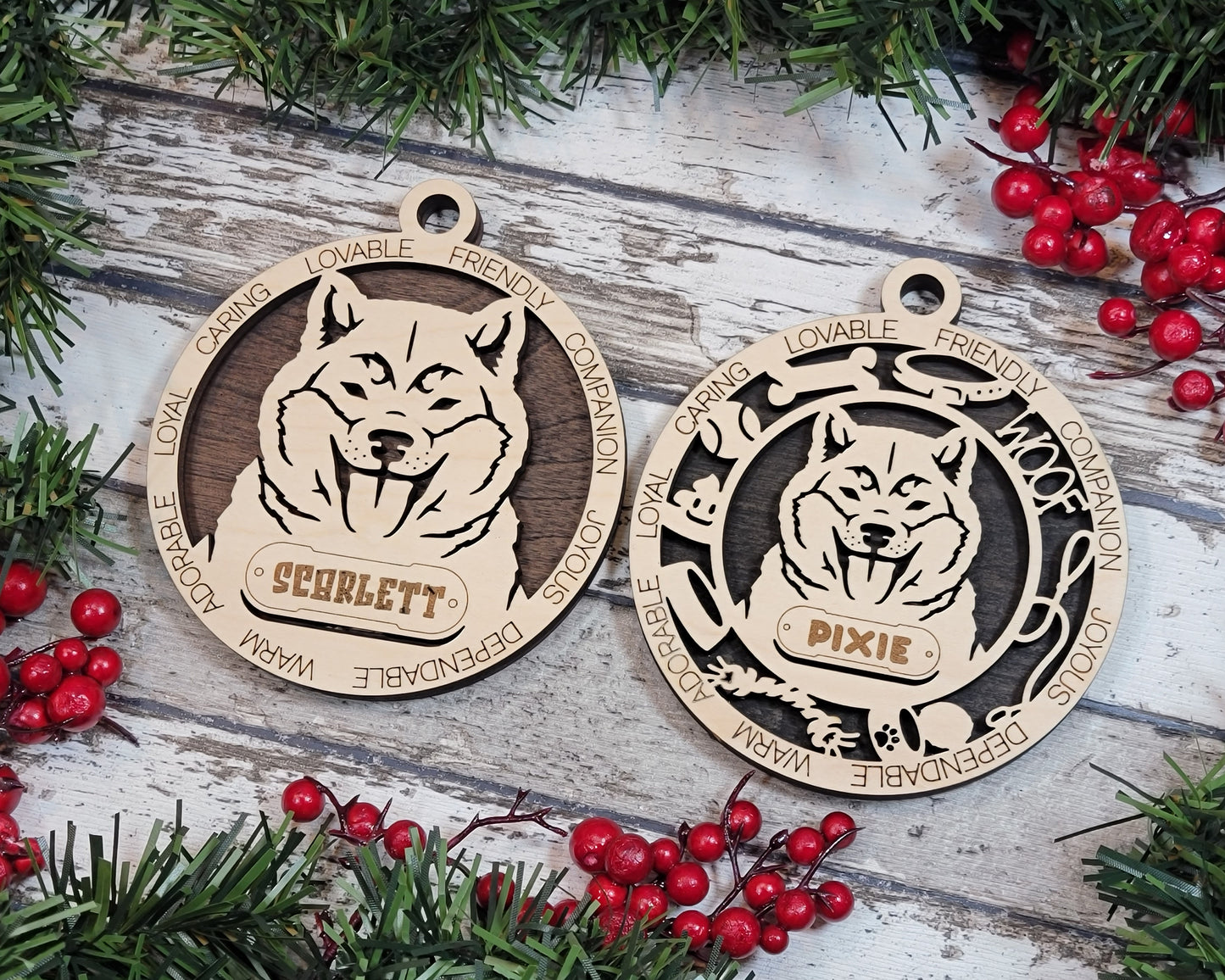 Personalized Shiba Inu Dog Christmas Ornament - 3" Round, 2 Layer Laser Cut Wood - Customizable Name & Text - Handcrafted in USA - Choose Background Color or Print - Perfect Holiday Gift!
