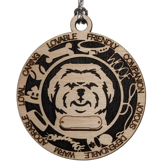 Personalized Shih Tzu Dog Christmas Ornament, 3" Round Laser Cut, 2-Layer Wooden Design, Customizable Name Tag & Text, Handcrafted in USA, Natural Wood & Colorful Background Options, Perfect Gift!