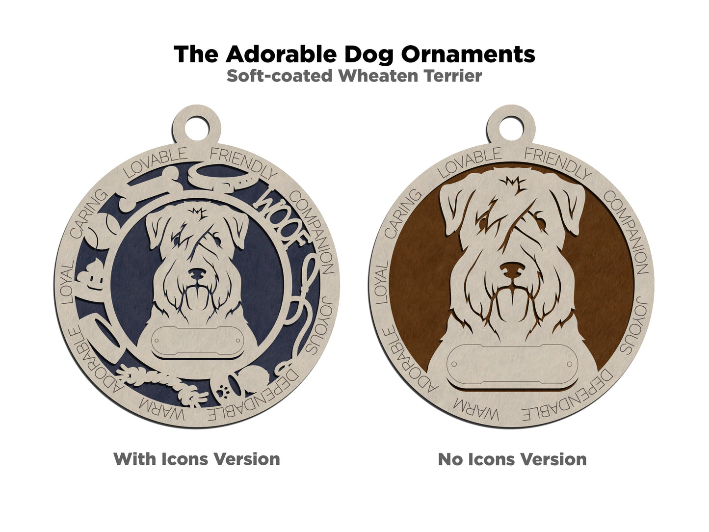 Personalized Soft-Coated Wheaten Terrier Dog Christmas Ornament, 3" Round, 2-Layer Laser Cut Wood, Customizable Name & Text, Handcrafted in USA, Choose Background Color, Perfect Holiday Gift!