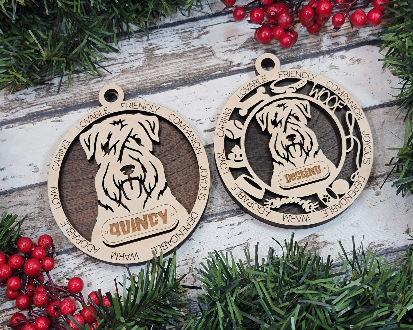 Personalized Soft-Coated Wheaten Terrier Dog Christmas Ornament, 3" Round, 2-Layer Laser Cut Wood, Customizable Name & Text, Handcrafted in USA, Choose Background Color, Perfect Holiday Gift!