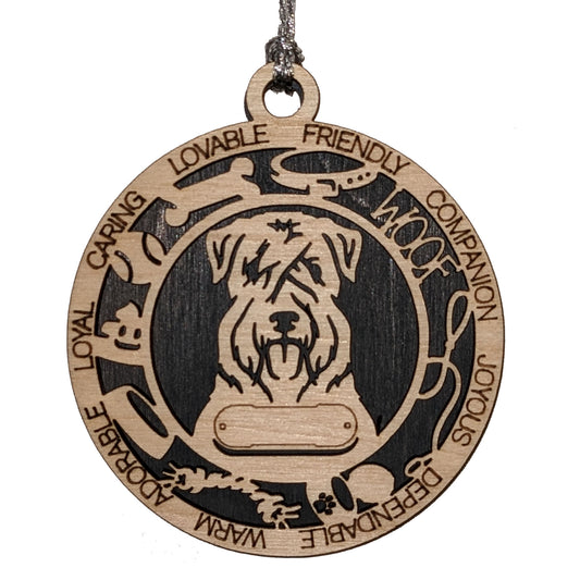 Personalized Soft-Coated Wheaten Terrier Dog Christmas Ornament, 3" Round, 2-Layer Laser Cut Wood, Customizable Name & Text, Handcrafted in USA, Choose Background Color, Perfect Holiday Gift!