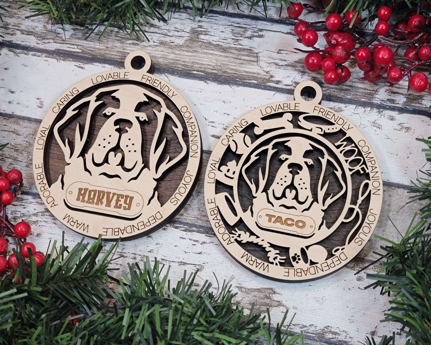 Personalized St Bernard Dog Christmas Ornament - 3" Round, 2-Layer Laser Cut Wood - Customizable Name & Text - Handcrafted in USA - Choose Background Color or Print - Perfect Holiday Gift!