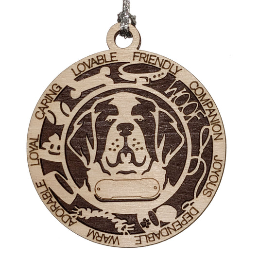 Personalized St Bernard Dog Christmas Ornament - 3" Round, 2-Layer Laser Cut Wood - Customizable Name & Text - Handcrafted in USA - Choose Background Color or Print - Perfect Holiday Gift!