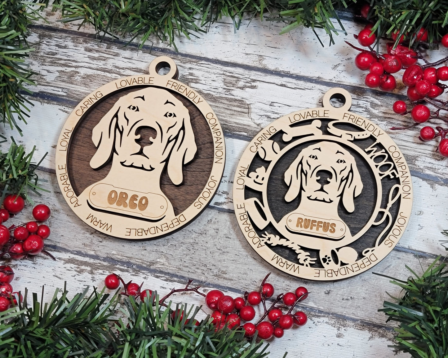 Personalized Vizsla Dog Christmas Ornament - 3" Round, 2-Layer Laser Cut Wood - Customizable Name Tag & Text Border - Handcrafted in USA - Choose Painted Backgrounds or Prints - Perfect Gift!