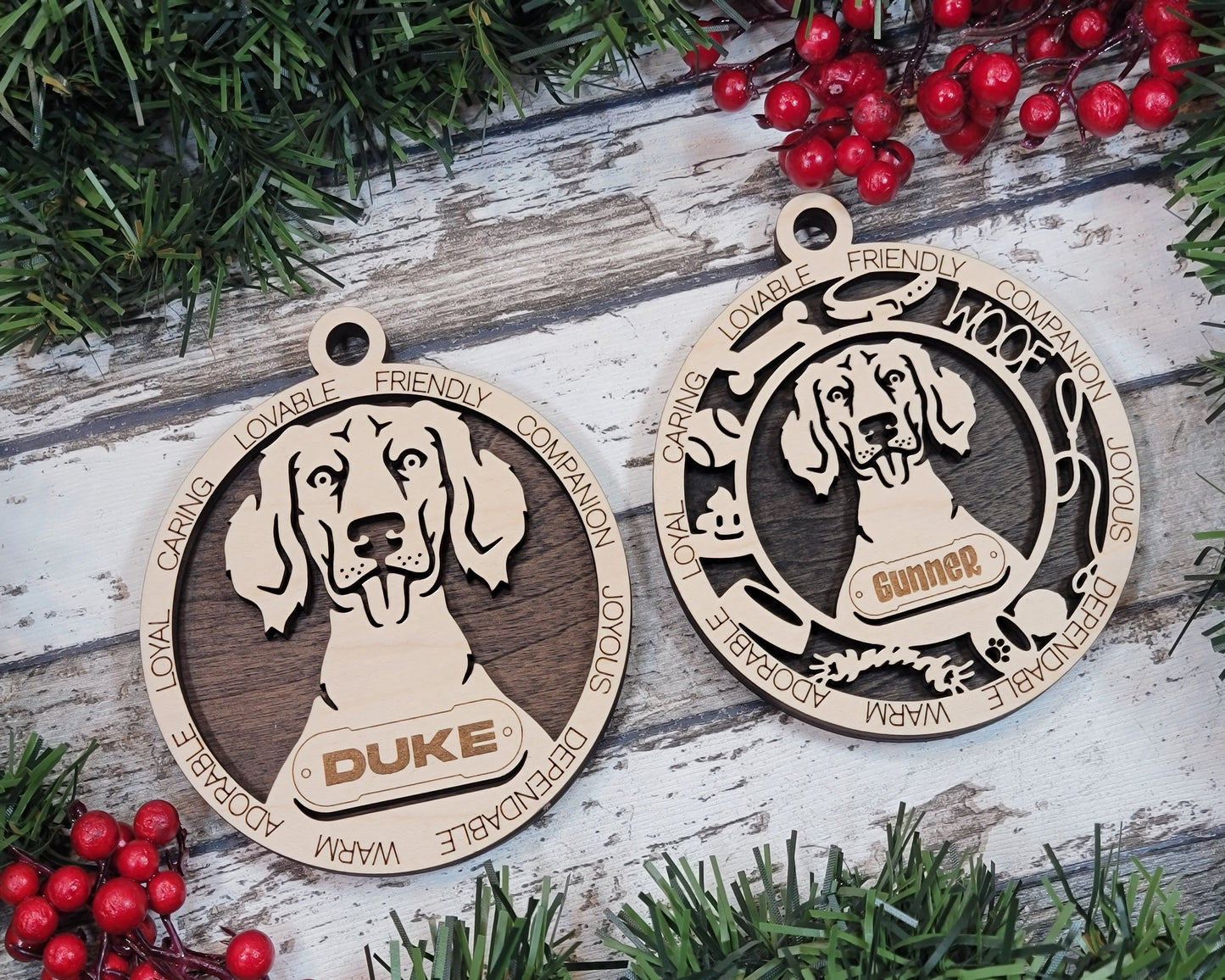 Personalized Long Hair Weimaraner Dog Christmas Ornament, 3" Round, 2-Layer Laser Cut Wood, Customizable Name Tag & Text, Handcrafted in USA, Choose Background Color/Print, Perfect Holiday Gift