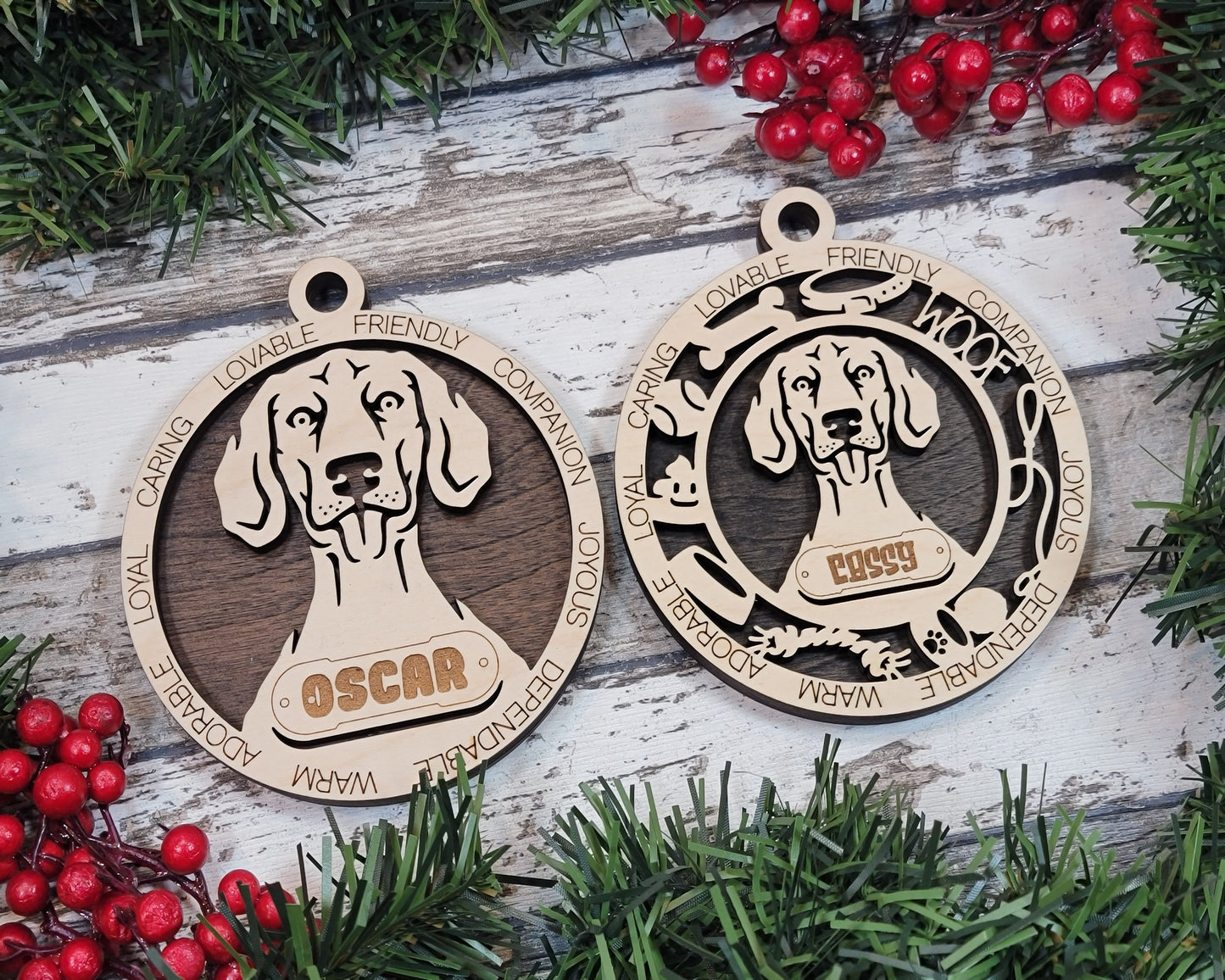 Personalized 3" Round Wooden Dog Christmas Ornament - Short Hair Weimaraner Design - Customizable Name & Text - 2 Layer Laser Cut - Natural Wood & Color Options - Handcrafted in USA - Perfect Gift!