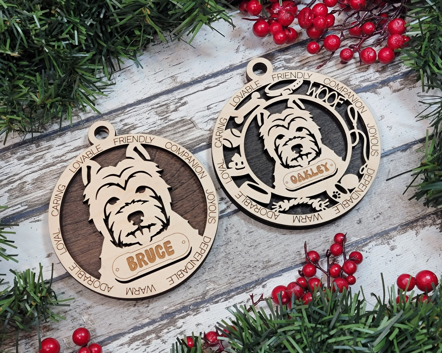 Personalized West Highland Terrier Dog Christmas Ornament, 3" Round, 2-Layer Laser Cut Wood, Customizable Name & Text, Handcrafted in USA, Choose Background Color/Print, Perfect Holiday Gift!