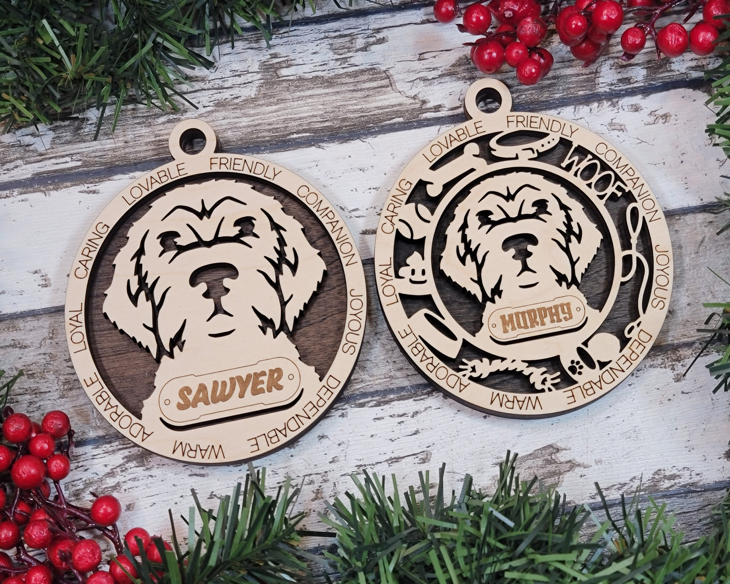 Personalized Wirehair Pointing Griffon Dog Christmas Ornament, 3" Round, 2-Layer Laser Cut Wood, Customizable Name & Text, Handcrafted in USA, Choose Background Color, Perfect Holiday Gift!
