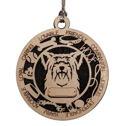 Personalized Longhair Yorkshire Terrier Dog Christmas Ornament, 3" Round, 2-Layer Laser Cut Wood, Customizable Name & Text, Handcrafted in USA, Choose Background Color, Perfect Holiday Gift!