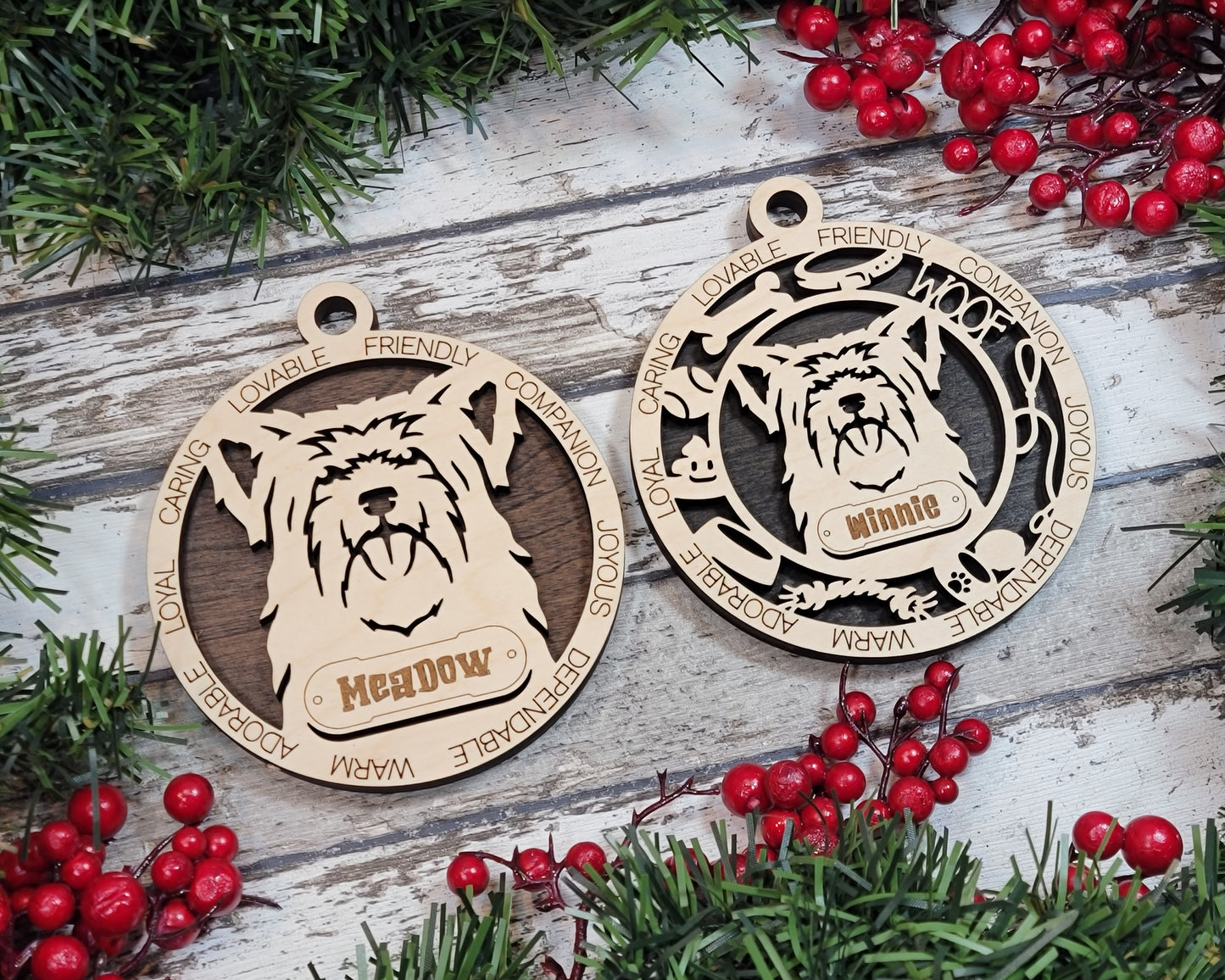 Personalized Longhair Yorkshire Terrier Dog Christmas Ornament, 3" Round, 2-Layer Laser Cut Wood, Customizable Name & Text, Handcrafted in USA, Choose Background Color, Perfect Holiday Gift!