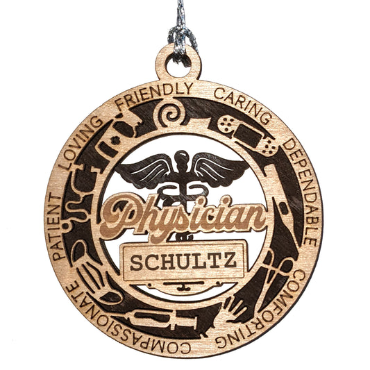 Handcrafted 3" Wooden Physician Christmas Ornament, 2-Layer Laser Cut Design, Customizable Text, Caduceus & Medical Icons, Natural Wood & Colored Background Options, Made in USA, Perfect Gift!