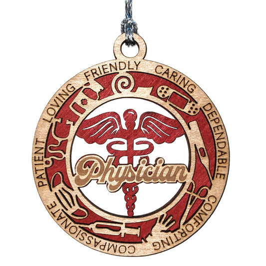 Handcrafted 3" Wooden Physician Christmas Ornament, 2-Layer Laser Cut Design, Customizable Text & Color, Caduceus Cutout, Medical Icons, Made in USA - Perfect Gift for Doctors & Healthcare Heroes
