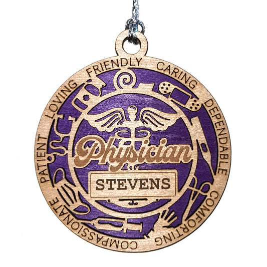 Handcrafted 3" Wooden Physician Christmas Ornament, 2-Layer Laser Cut Design, Customizable Text, Natural Wood & Colored Background Options, Medical Icons, Made in USA, Perfect Gift for Doctors