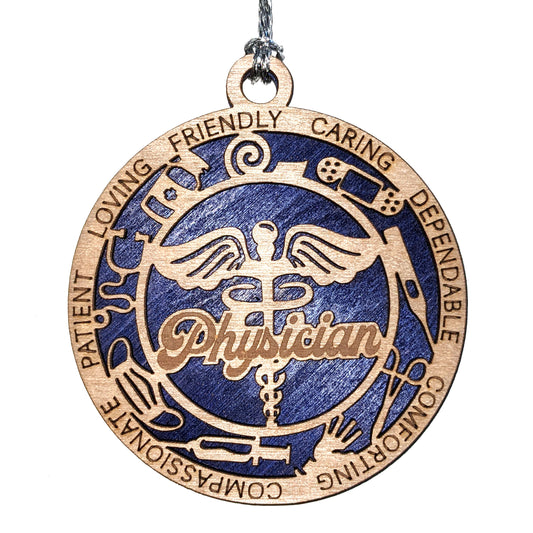 Handcrafted 3" Wooden Physician Christmas Ornament, 2-Layer Laser Cut Design, Customizable Text & Color Background, Medical Icons: Stethoscope, Syringe, Face Mask, Made in USA, Perfect Gift!