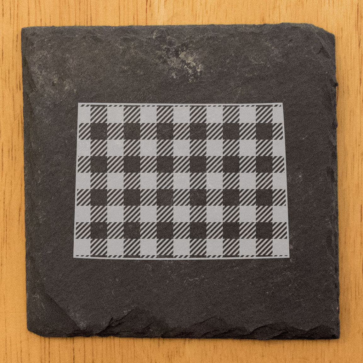 Rustic Slate Coasters Set of 4 - Colorado Plaid Design, 4" Round, Natural Chipped Edge, Rubber Feet,  - Perfect for Holidays, Birthdays, Housewarming - Made in Oregon, USA