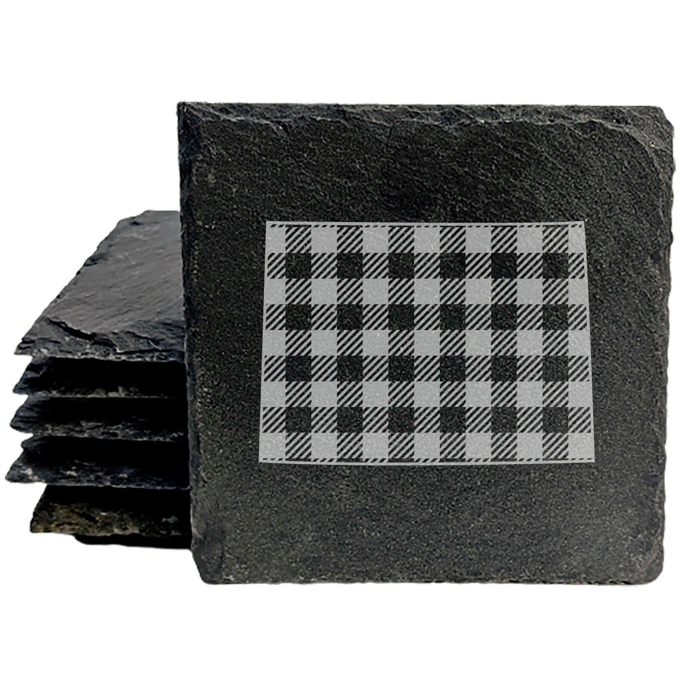 Rustic Slate Coasters Set of 4 - Colorado Plaid Design, 4" Round, Natural Chipped Edge, Rubber Feet,  - Perfect for Holidays, Birthdays, Housewarming - Made in Oregon, USA