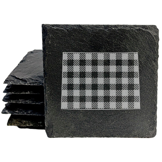 Rustic Slate Coasters Set of 4 - Colorado Plaid Design, 4" Round, Natural Chipped Edge, Rubber Feet,  - Perfect for Holidays, Birthdays, Housewarming - Made in Oregon, USA
