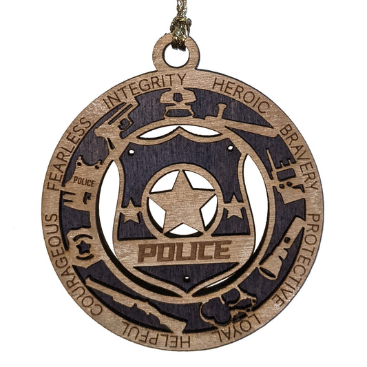 3" Laser Cut Handcrafted Wooden Police Christmas Ornament with Cut Background - Custom Law Enforcement Holiday Decor