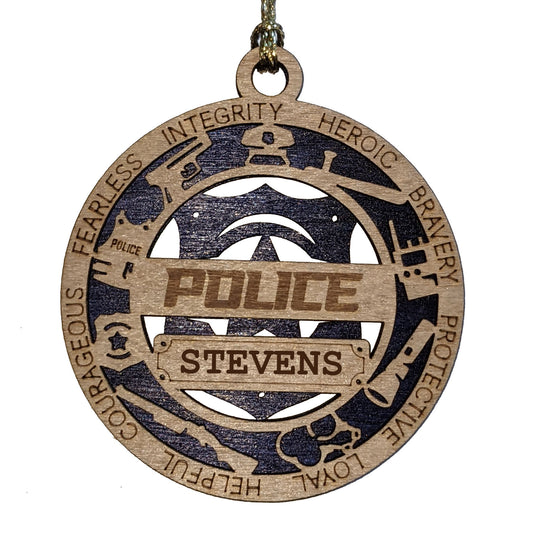 3" Laser Cut Handcrafted Wooden Personalized Police Christmas Ornament with Cut Background - Custom Law Enforcement Holiday Decor