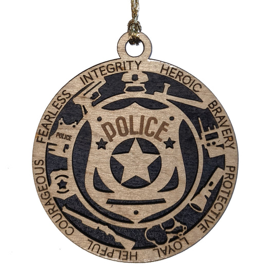 3" Laser Cut Handcrafted Wooden Police Christmas Ornament - Solid Background Law Enforcement Xmas Decor