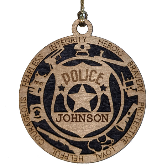 3" Laser Cut Handcrafted Wooden Personalized Police Christmas Ornament - Solid Background Law Enforcement Xmas Decor