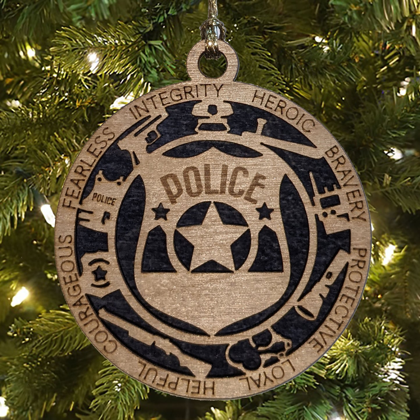 3" Laser Cut Handcrafted Wooden Personalized Police Christmas Ornament - Solid Background Law Enforcement Xmas Decor