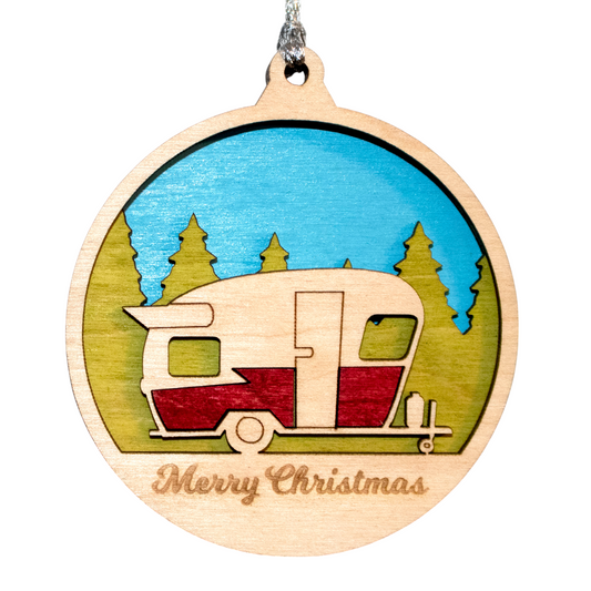 Rustic Wood Christmas Ornament - Vintage Camper Trailer Design - "Merry Christmas" - 3" Round Laser Cut Decoration - Handmade in Oregon, USA
