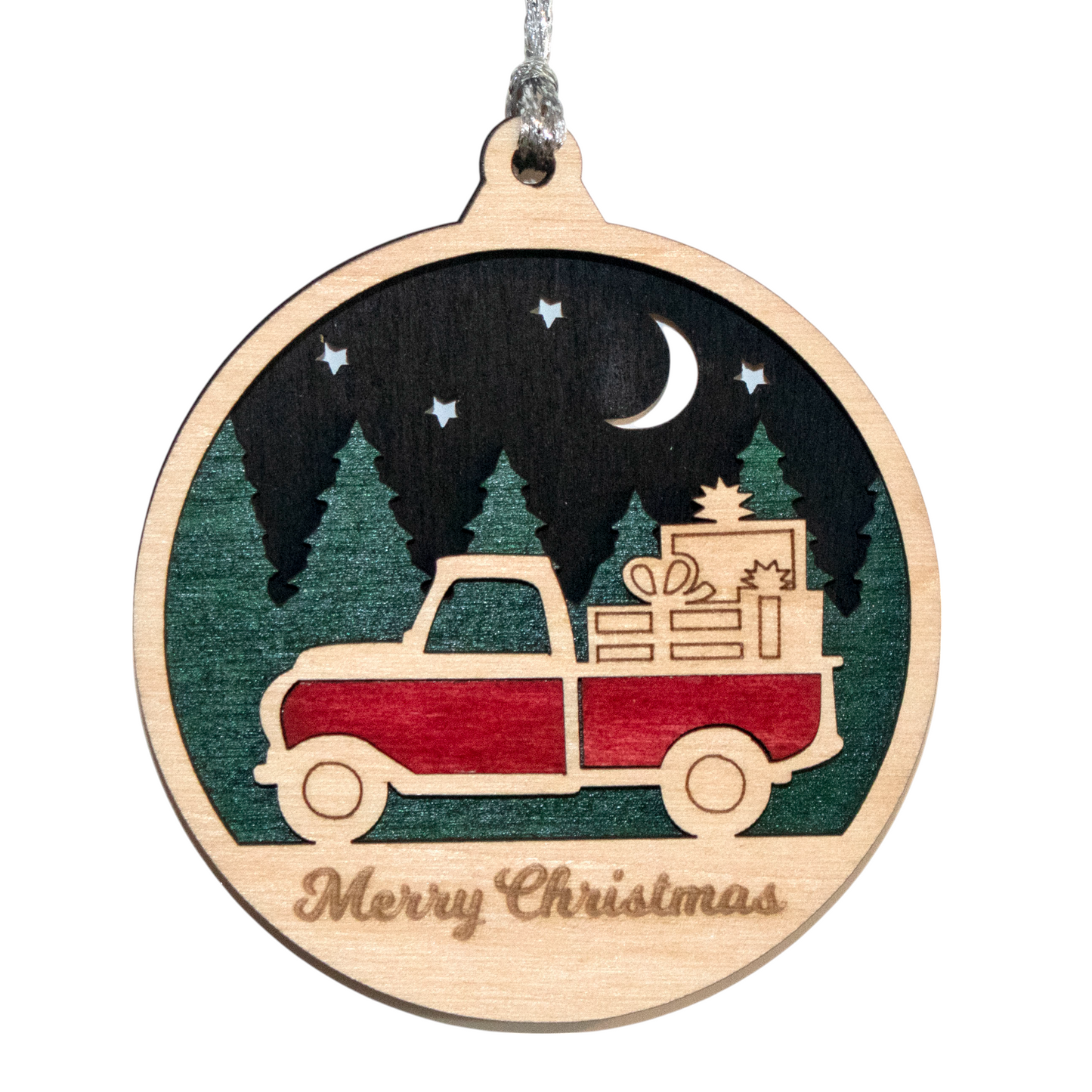 Rustic Wood Christmas Ornament - Vintage Truck with Presents, 3" Laser Cut Holiday Decor, Handmade in Oregon USA