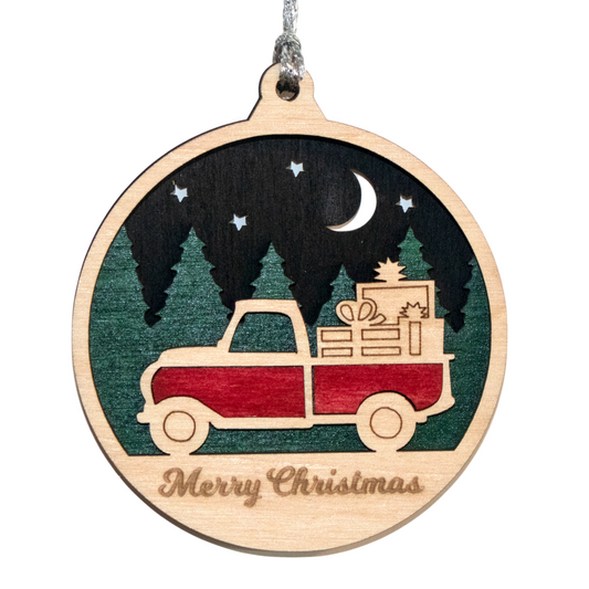 Rustic Wood Christmas Ornament - Vintage Truck with Presents, 3" Laser Cut Holiday Decor, Handmade in Oregon USA