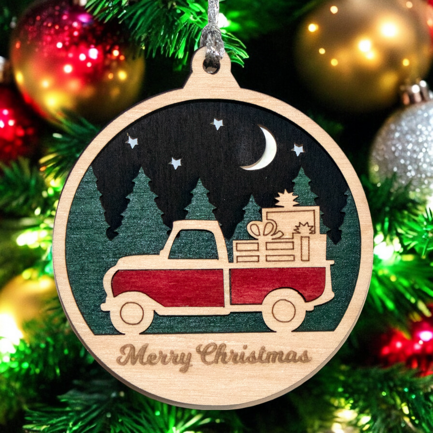 Rustic Wood Christmas Ornament - Vintage Truck with Presents, 3" Laser Cut Holiday Decor, Handmade in Oregon USA