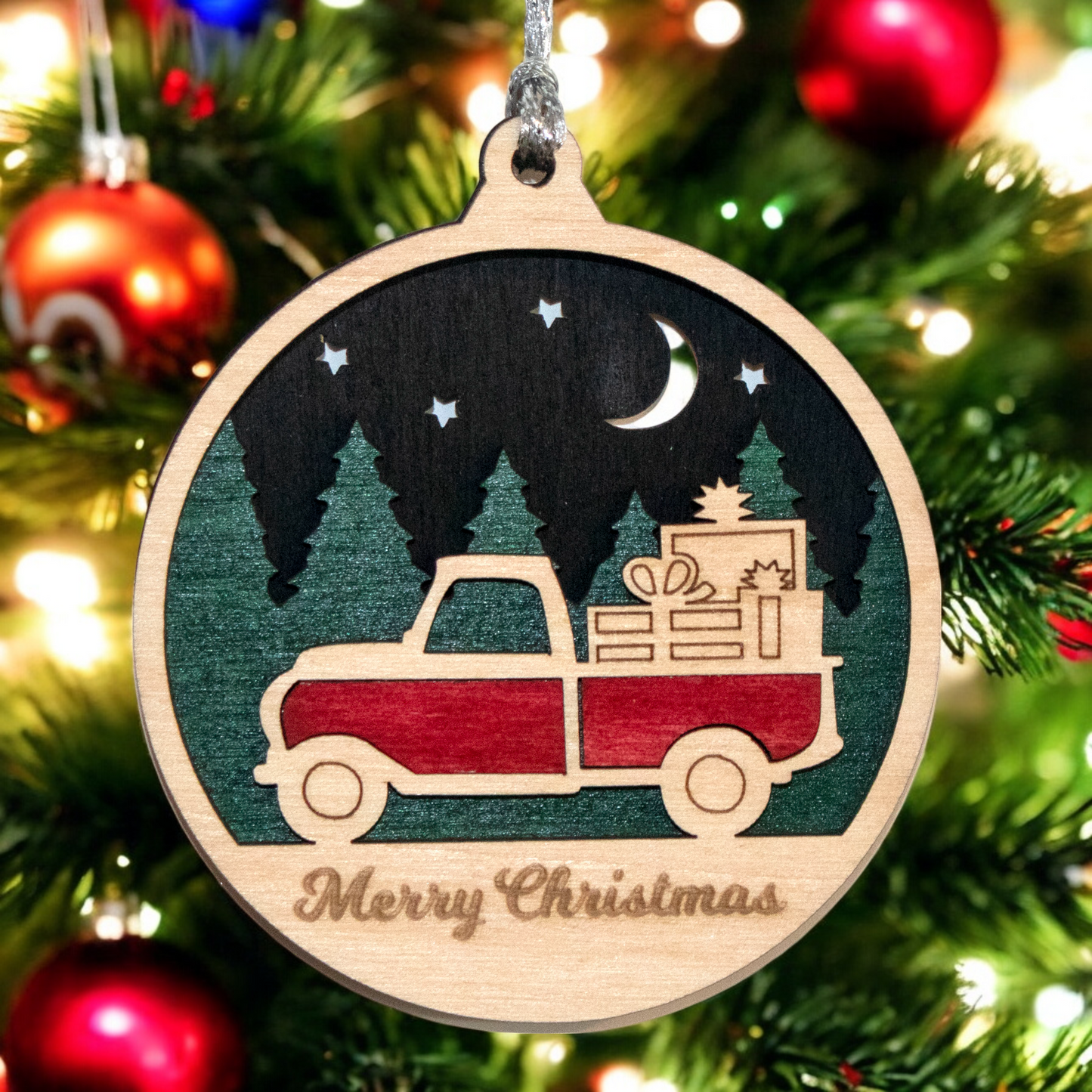 Rustic Wood Christmas Ornament - Vintage Truck with Presents, 3" Laser Cut Holiday Decor, Handmade in Oregon USA