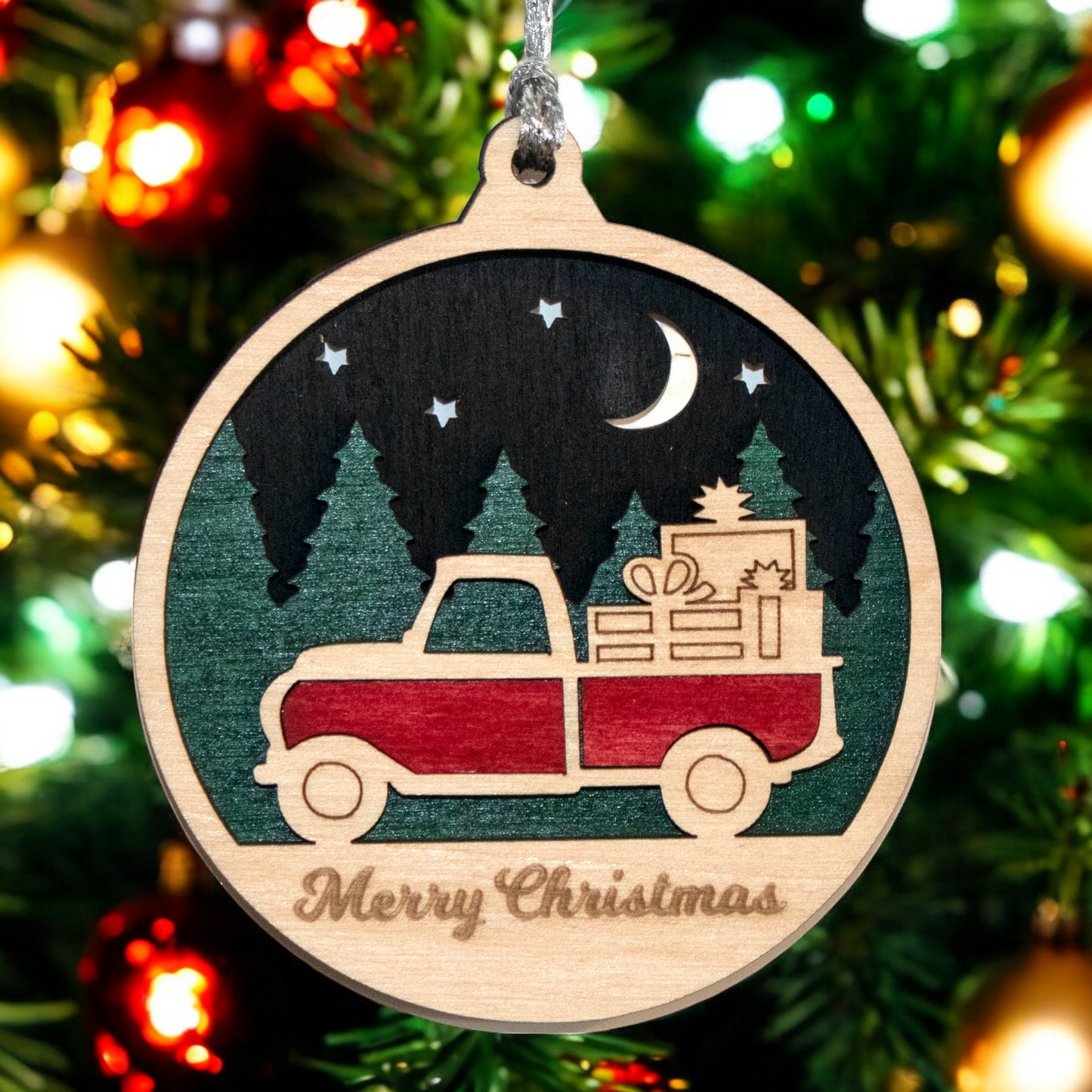 Rustic Wood Christmas Ornament - Vintage Truck with Presents, 3" Laser Cut Holiday Decor, Handmade in Oregon USA