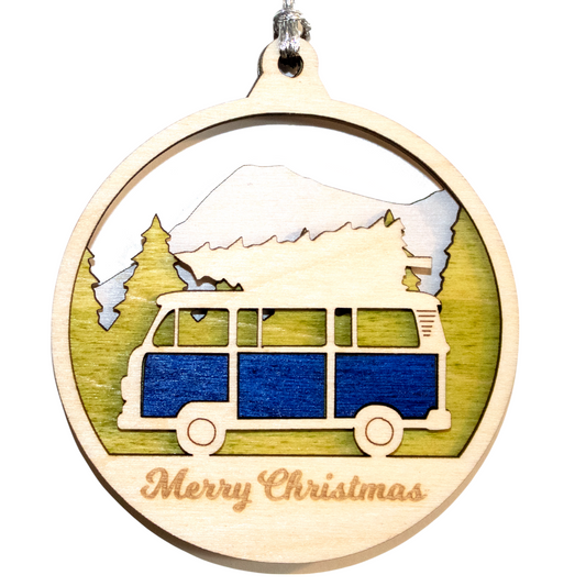 Retro Van Christmas Ornament - Wooden Laser Cut VW with Tree, Handmade in Oregon USA