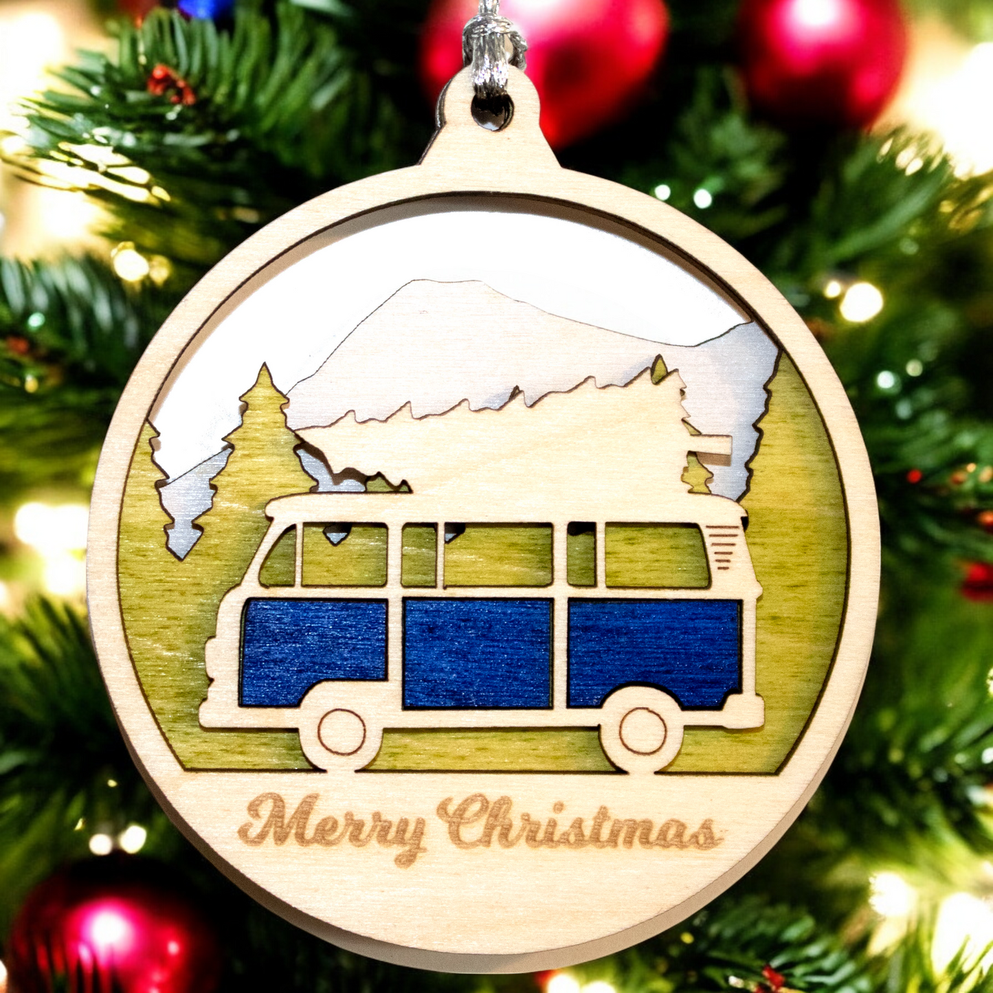 Retro Van Christmas Ornament - Wooden Laser Cut VW with Tree, Handmade in Oregon USA
