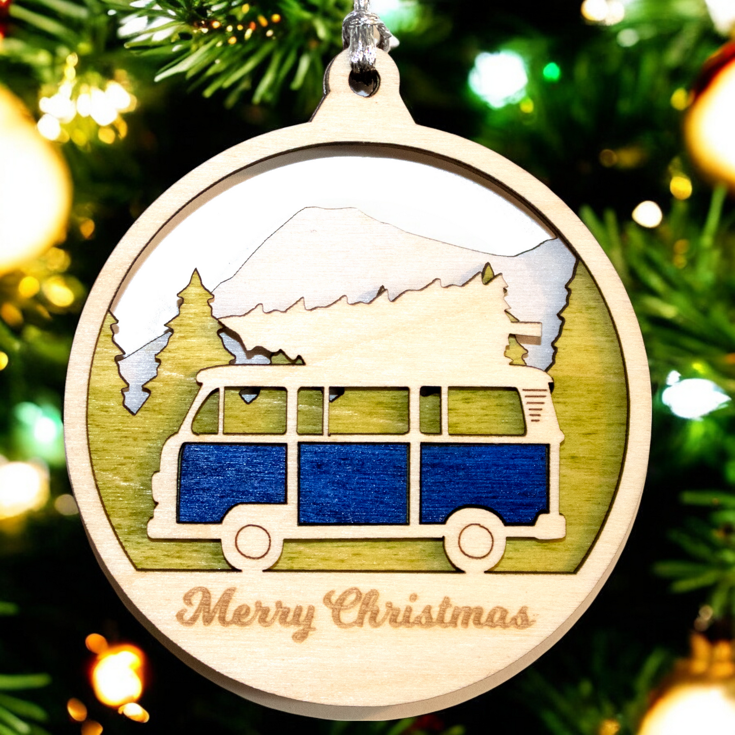 Retro Van Christmas Ornament - Wooden Laser Cut VW with Tree, Handmade in Oregon USA