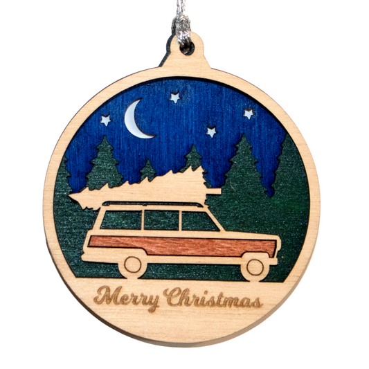 Rustic Wood Christmas Ornament - 3" Retro SUV Wagon Tree Hauler - Oregon Handcrafted