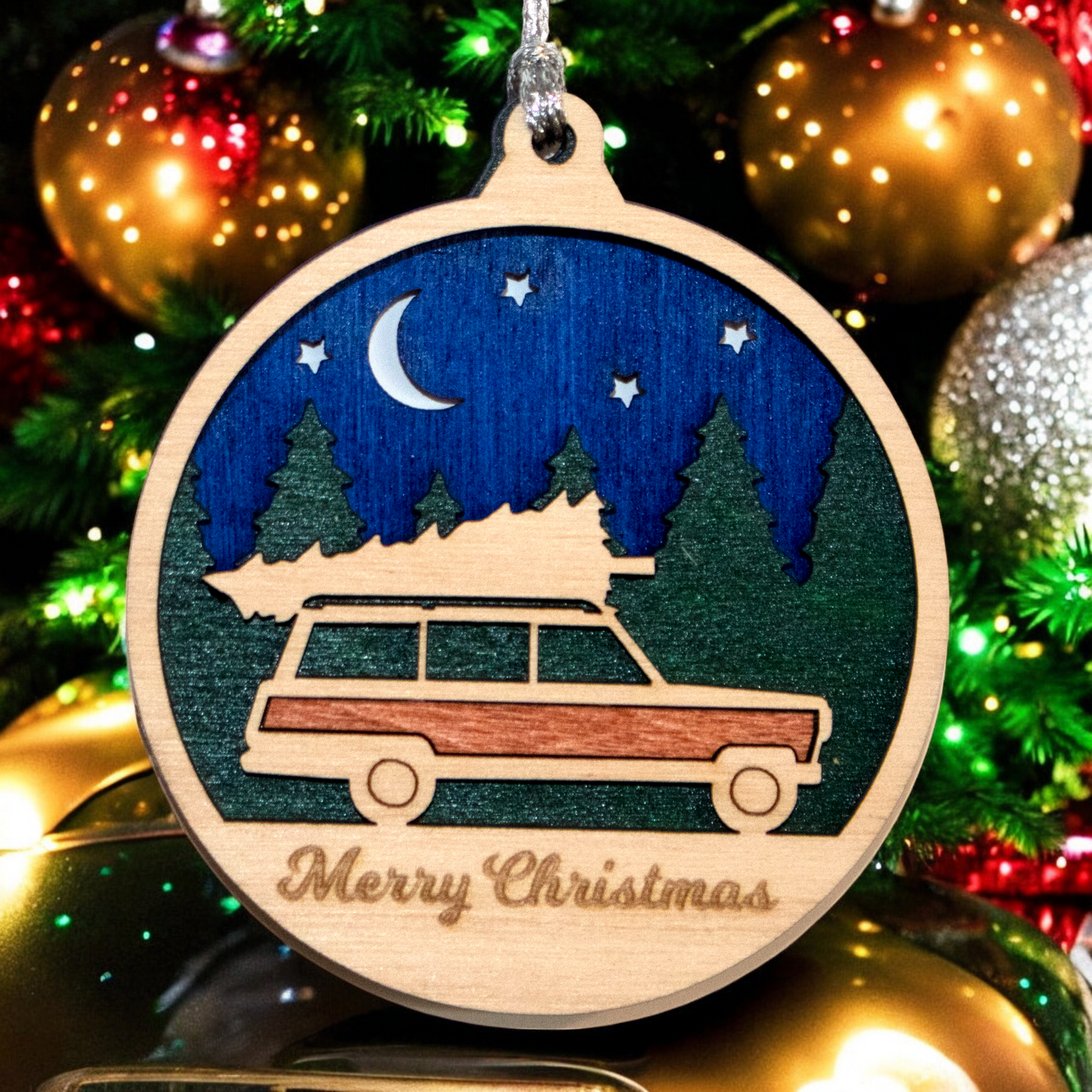 Rustic Wood Christmas Ornament - 3" Retro SUV Wagon Tree Hauler - Oregon Handcrafted