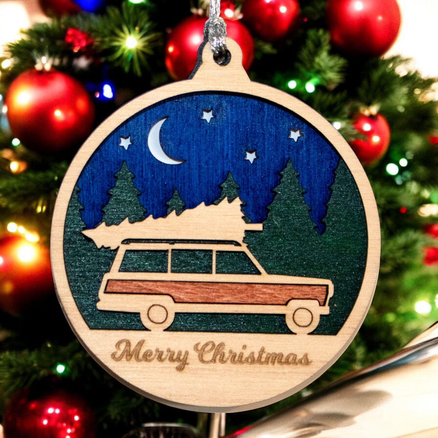 Rustic Wood Christmas Ornament - 3" Retro SUV Wagon Tree Hauler - Oregon Handcrafted