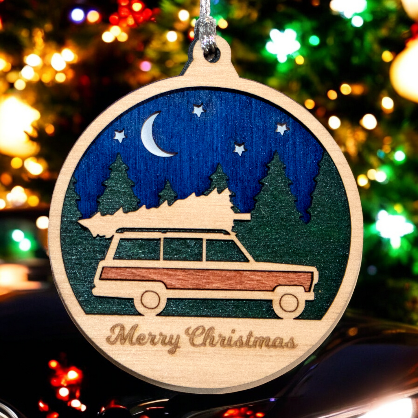 Rustic Wood Christmas Ornament - 3" Retro SUV Wagon Tree Hauler - Oregon Handcrafted